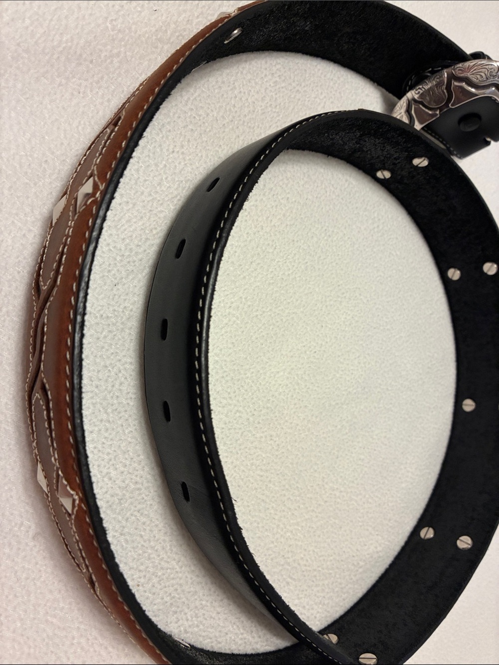 Justin Boots Black and Brown Leather Belt with Silver Buckle - Picture 5 of 5